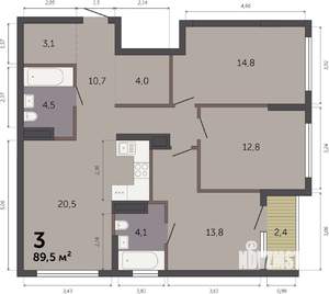 3-к квартира, строящийся дом, 90м2, 10/32 этаж