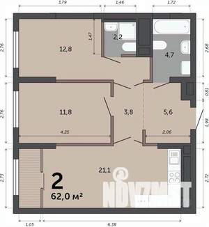 2-к квартира, строящийся дом, 62м2, 11/23 этаж