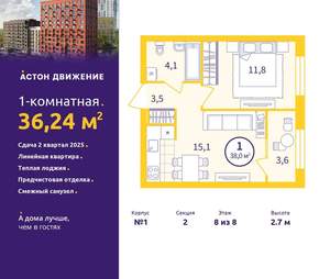 1-к квартира, вторичка, 36м2, 8/12 этаж