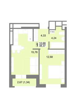 1-к квартира, строящийся дом, 38м2, 10/22 этаж