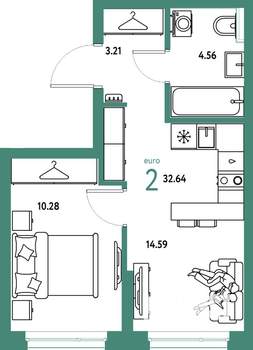 2-к квартира, строящийся дом, 33м2, 14/25 этаж