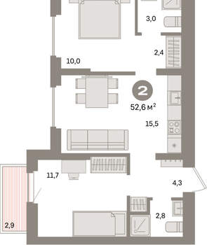 2-к квартира, вторичка, 53м2, 5/16 этаж