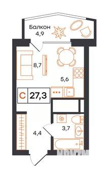 Студия квартира, вторичка, 27м2, 9/21 этаж