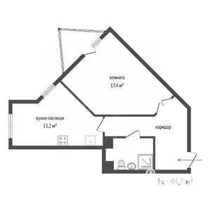 1-к квартира, вторичка, 45м2, 25/25 этаж