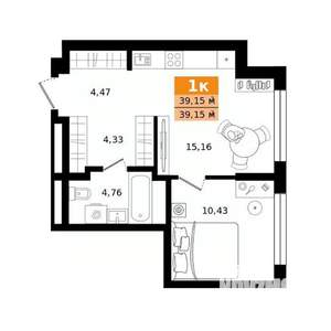 1-к квартира, строящийся дом, 39м2, 2/8 этаж