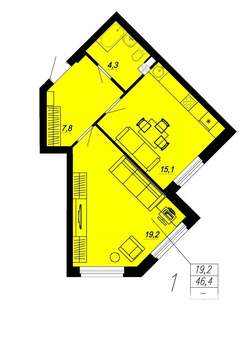1-к квартира, строящийся дом, 46м2, 2/24 этаж
