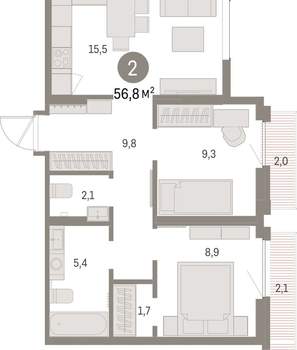 2-к квартира, вторичка, 57м2, 5/9 этаж