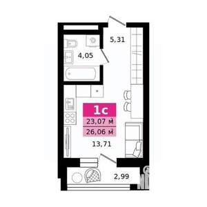 Студия квартира, строящийся дом, 26м2, 2/23 этаж