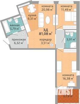 3-к квартира, строящийся дом, 81м2, 19/24 этаж