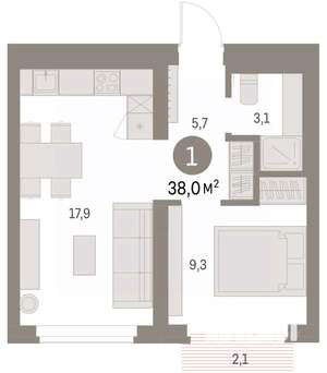 1-к квартира, вторичка, 38м2, 6/9 этаж