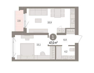 1-к квартира, вторичка, 47м2, 2/15 этаж