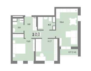 2-к квартира, строящийся дом, 63м2, 9/25 этаж