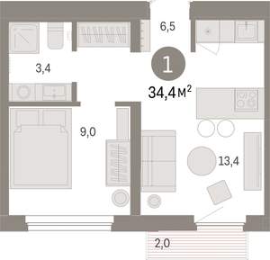 1-к квартира, вторичка, 34м2, 6/9 этаж