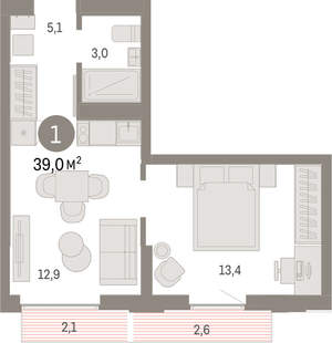 1-к квартира, вторичка, 39м2, 10/16 этаж