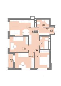3-к квартира, строящийся дом, 73м2, 7/22 этаж