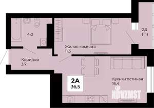 1-к квартира, строящийся дом, 37м2, 21/25 этаж