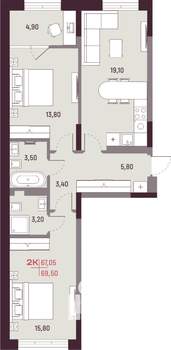 2-к квартира, вторичка, 67м2, 15/25 этаж