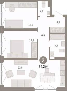 2-к квартира, вторичка, 64м2, 2/8 этаж
