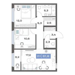 2-к квартира, строящийся дом, 62м2, 7/17 этаж