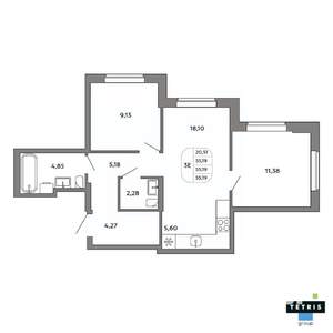 3-к квартира, вторичка, 55м2, 32/32 этаж