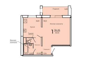 1-к квартира, строящийся дом, 39м2, 9/10 этаж