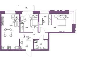 3-к квартира, строящийся дом, 68м2, 7/25 этаж