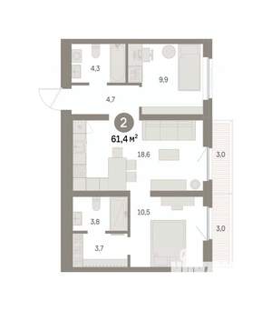 2-к квартира, вторичка, 61м2, 5/9 этаж