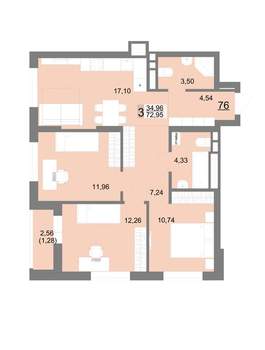 3-к квартира, вторичка, 73м2, 8/22 этаж