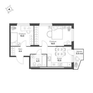 2-к квартира, строящийся дом, 48м2, 2/25 этаж