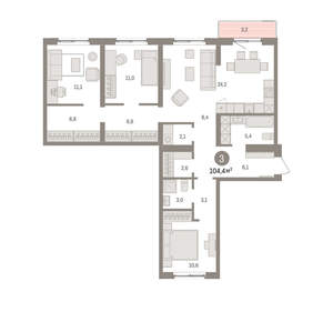 3-к квартира, вторичка, 104м2, 3/15 этаж