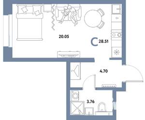 Студия квартира, строящийся дом, 29м2, 4/21 этаж