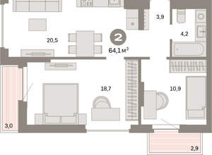 2-к квартира, вторичка, 64м2, 2/16 этаж