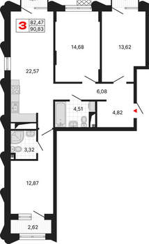 3-к квартира, вторичка, 91м2, 7/25 этаж