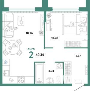 2-к квартира, строящийся дом, 40м2, 23/24 этаж