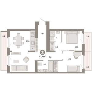 2-к квартира, вторичка, 87м2, 8/9 этаж