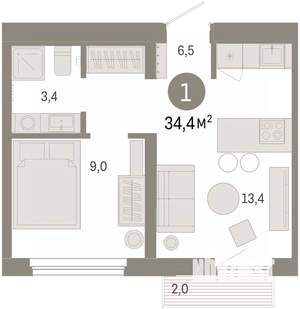 1-к квартира, вторичка, 34м2, 5/9 этаж