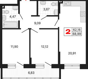 2-к квартира, вторичка, 69м2, 2/25 этаж