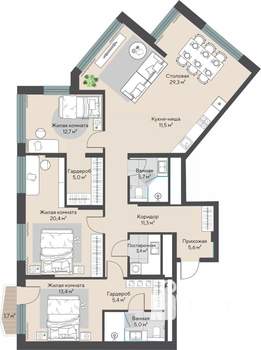 3-к квартира, строящийся дом, 130м2, 20/27 этаж