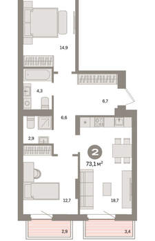 2-к квартира, вторичка, 73м2, 2/9 этаж