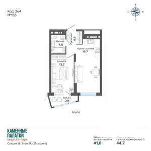 1-к квартира, вторичка, 45м2, 19/25 этаж