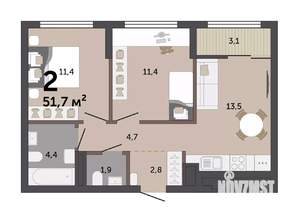 2-к квартира, вторичка, 51м2, 9/17 этаж