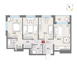 3-к квартира, строящийся дом, 93м2, 8/8 этаж