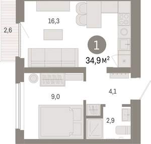1-к квартира, вторичка, 35м2, 7/9 этаж