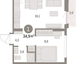 1-к квартира, вторичка, 35м2, 6/9 этаж