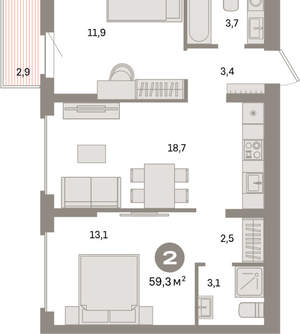 2-к квартира, вторичка, 59м2, 4/9 этаж