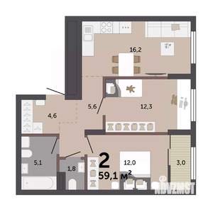 2-к квартира, строящийся дом, 59м2, 9/17 этаж