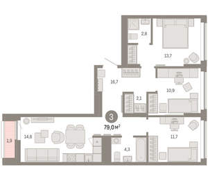 3-к квартира, вторичка, 79м2, 7/16 этаж