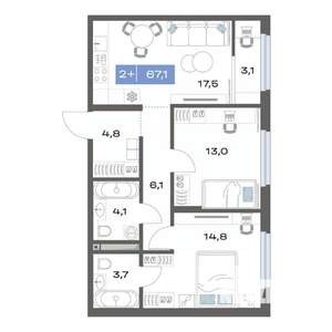 2-к квартира, строящийся дом, 67м2, 6/17 этаж