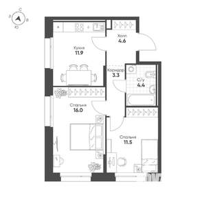 2-к квартира, строящийся дом, 52м2, 5/16 этаж