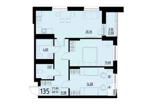 2-к квартира, строящийся дом, 69м2, 15/25 этаж